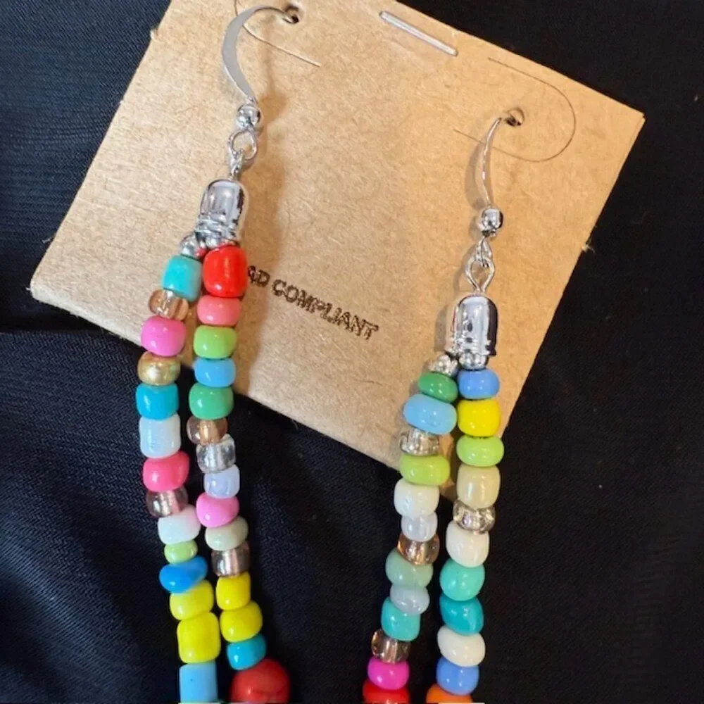 NWT Multicolor‎ Mother of Pearl See Bead Tassel Statement Necklace and Earrings